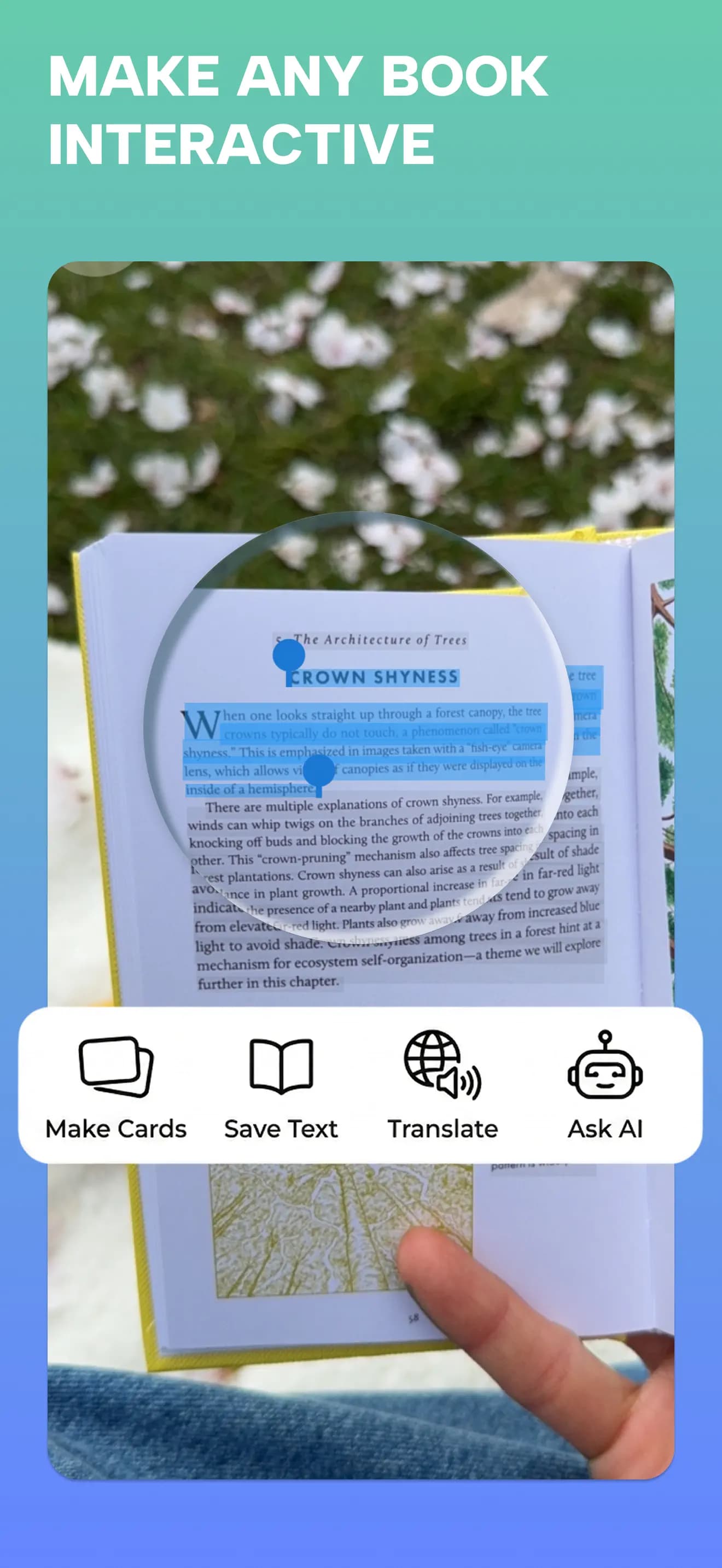 Grasply scanning a book with options to make cards, save text, translate and ask AI