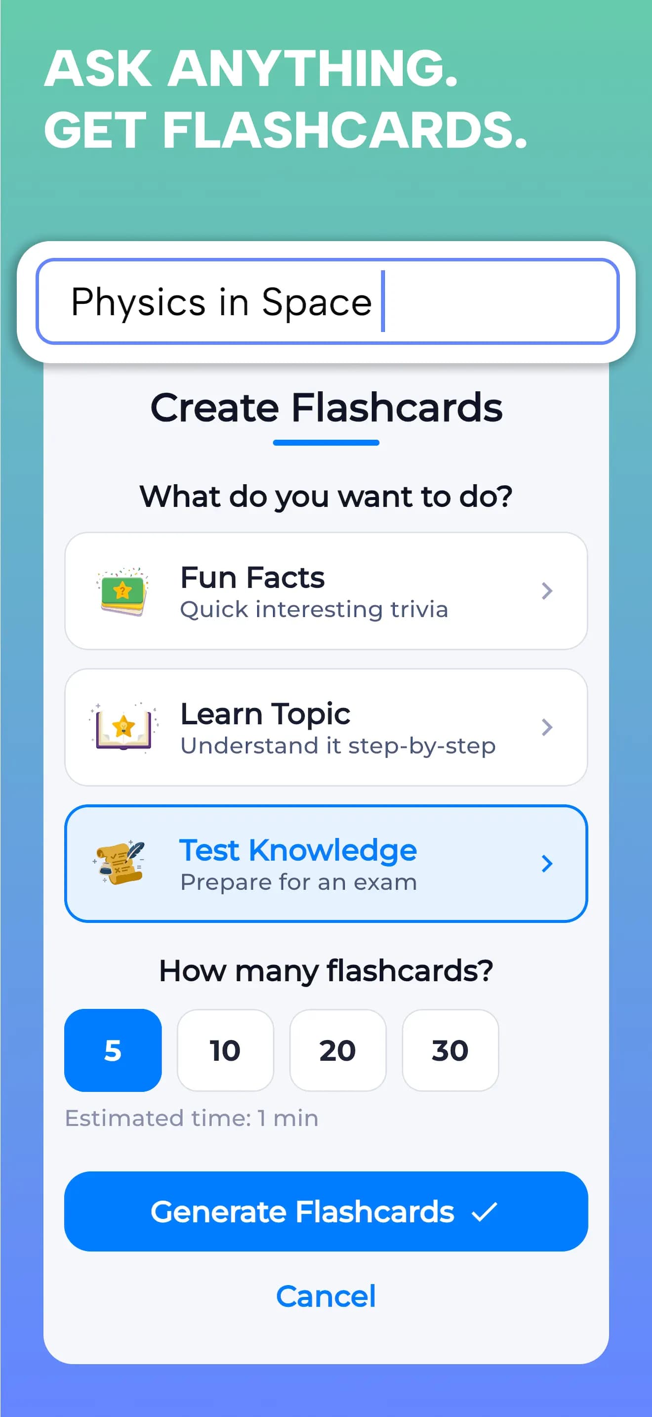 Creating flashcards from a topic with Learn, Test and Fun Facts modes