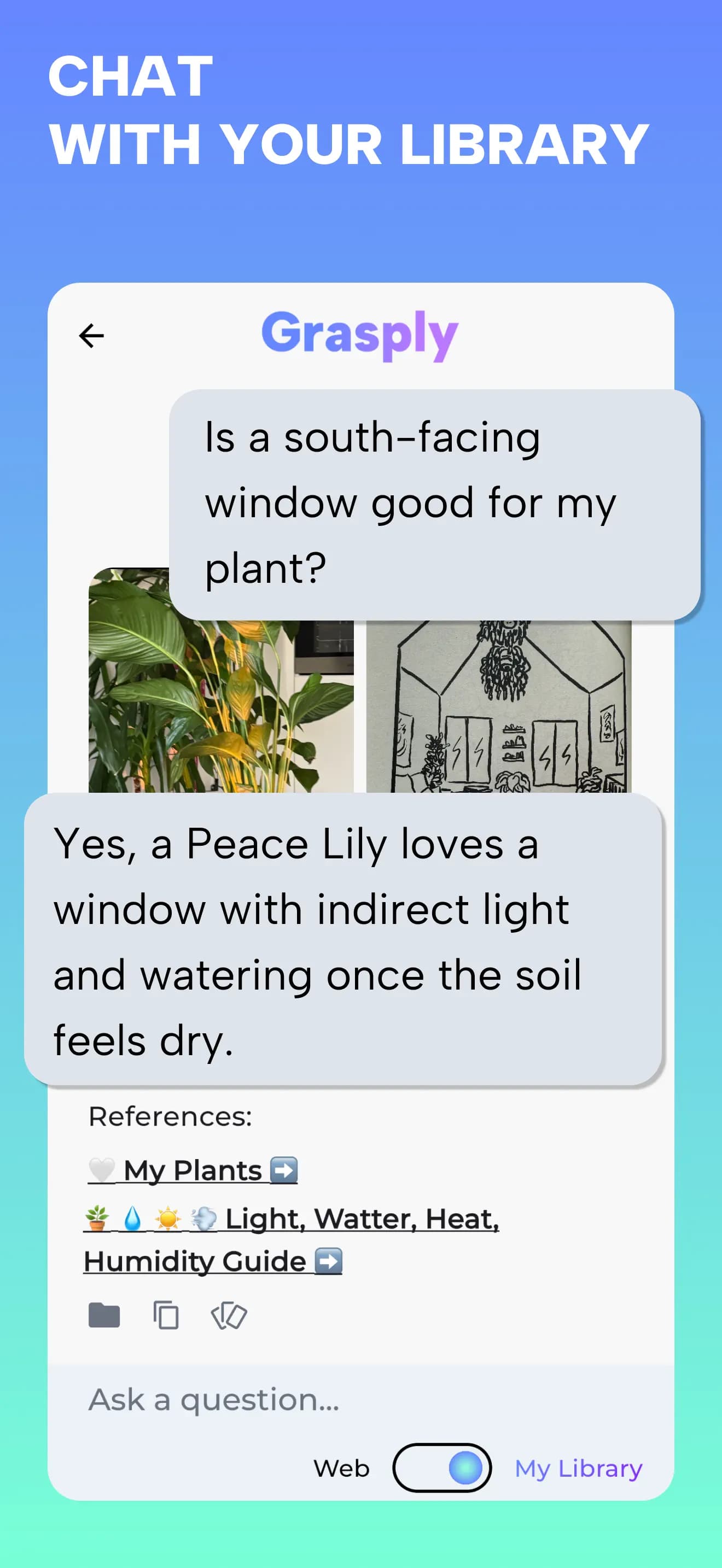 Chatting with saved library materials about caring for a Peace Lily