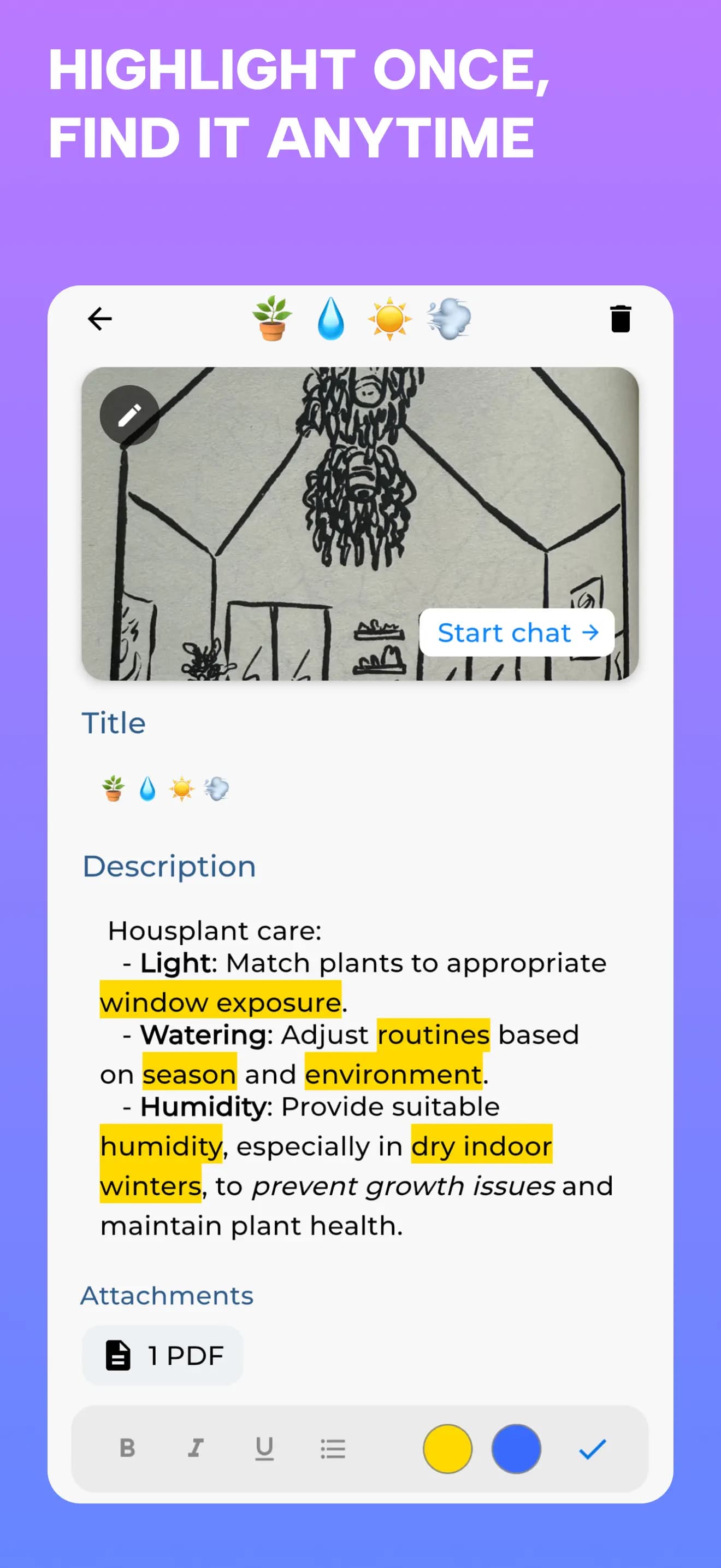A saved plant-care note with highlights and an attached PDF