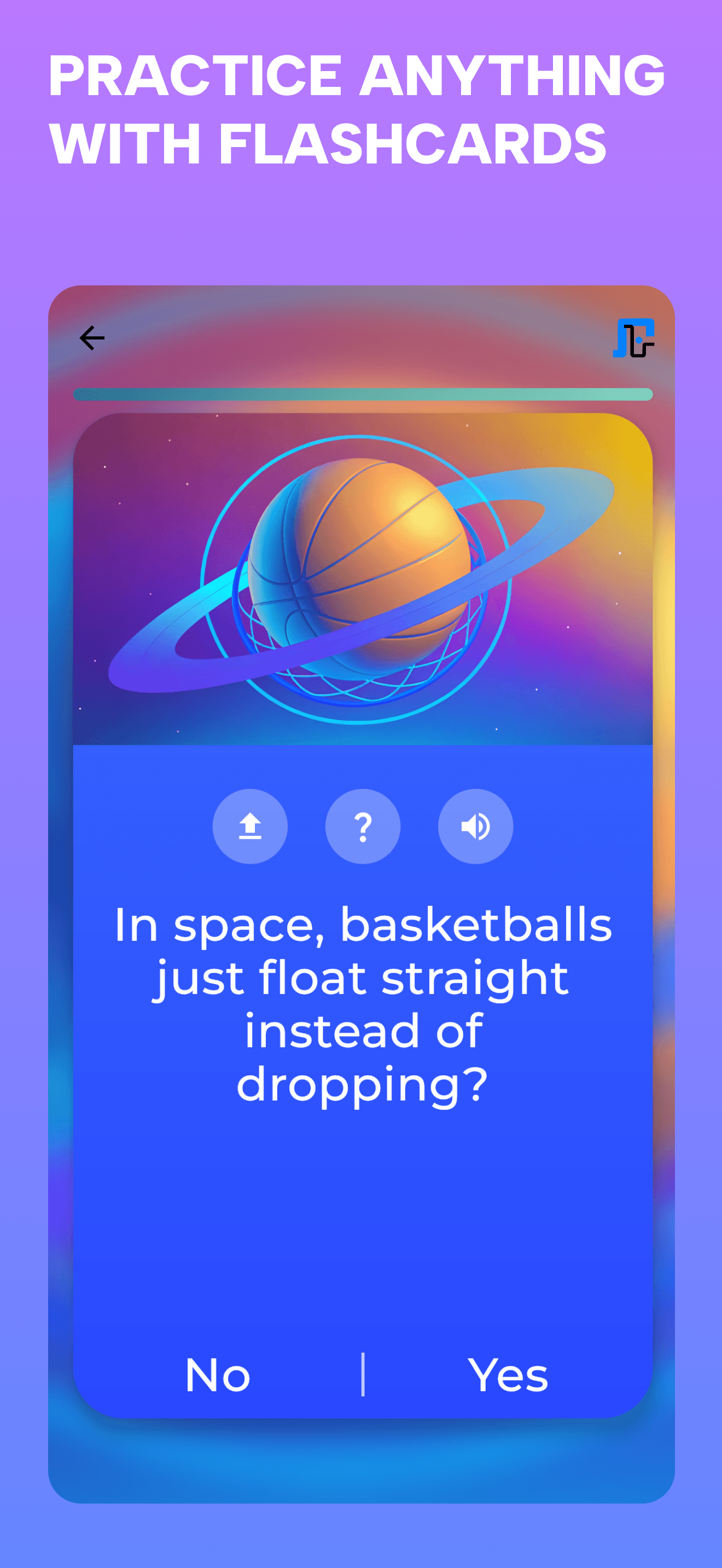 A Grasply yes-or-no flashcard about basketballs floating in space