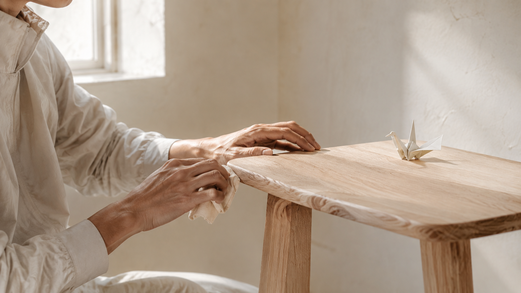 ands finishing the assembly of a small wooden table beside a folded paper crane.
