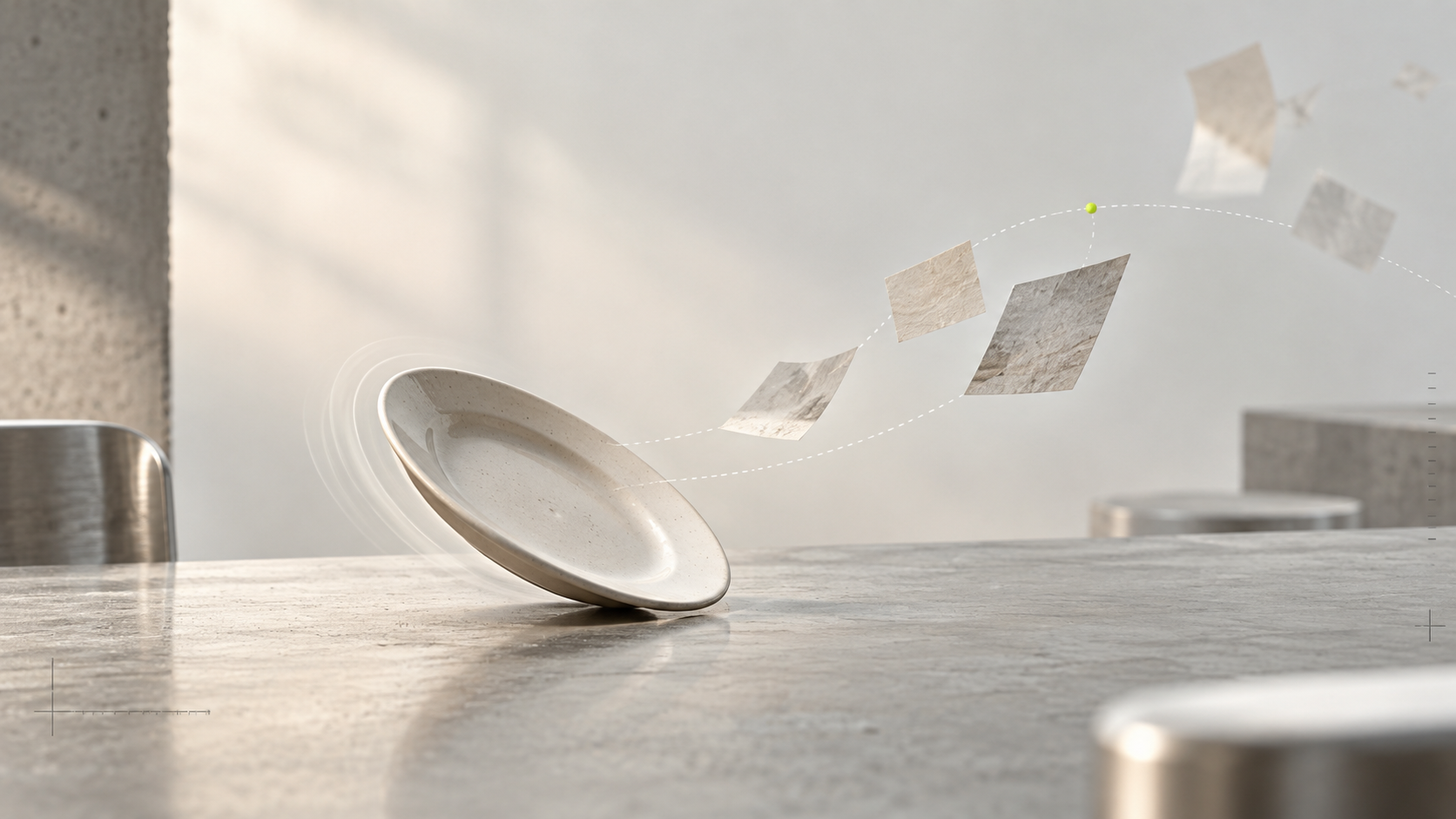 A pale ceramic plate wobbling on a concrete surface while translucent paper fragments follow a faint orbital path through soft daylight.