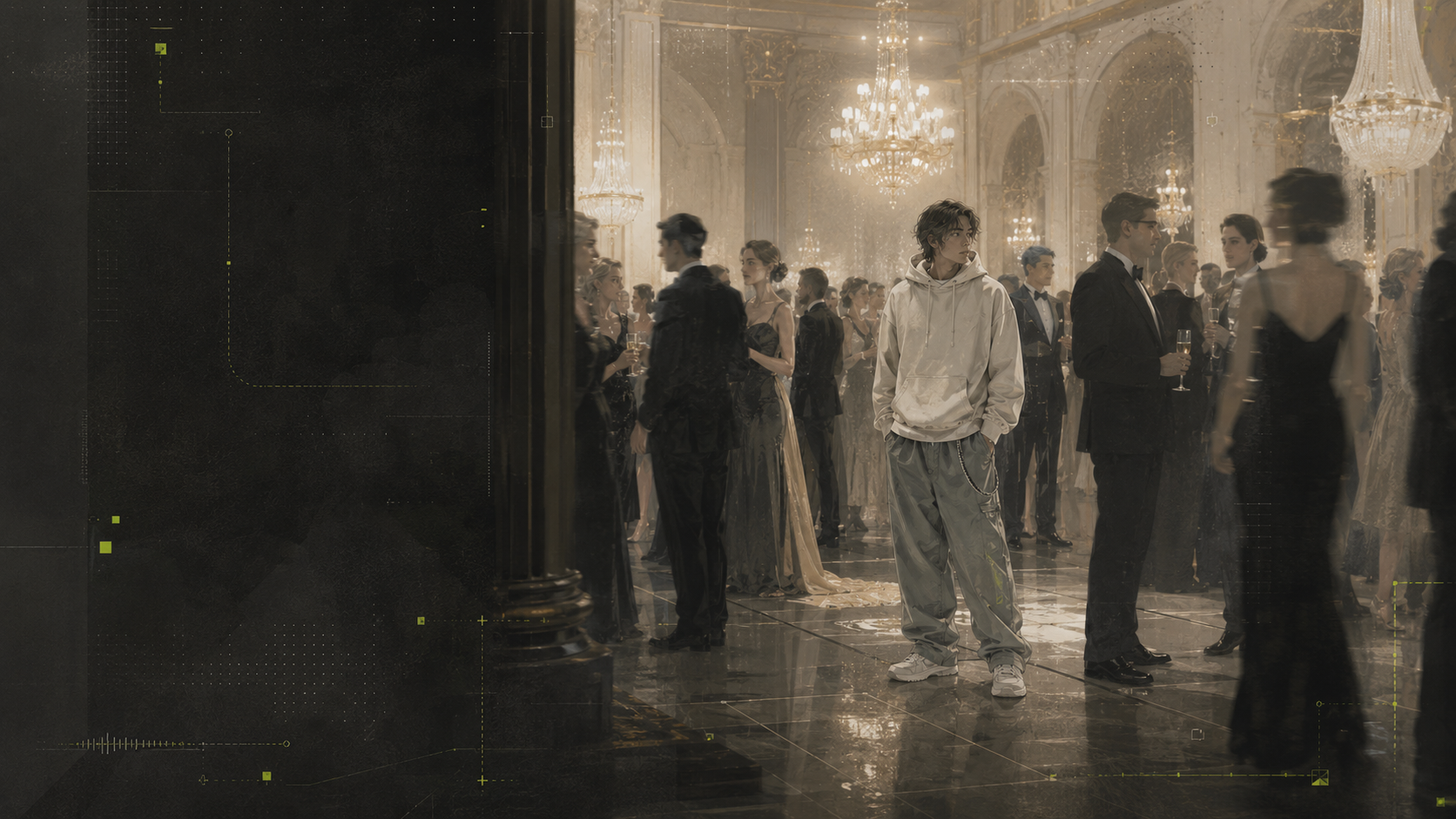 A casually dressed person standing alone among formally dressed guests at an elegant reception.