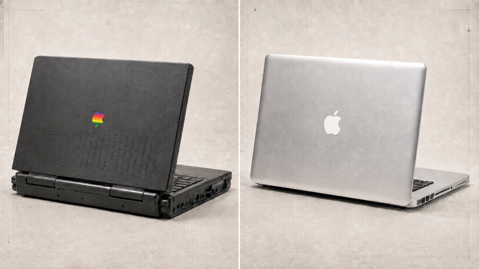 An early PowerBook with its lid logo upside down beside a later Apple laptop with its logo correctly oriented to observers.