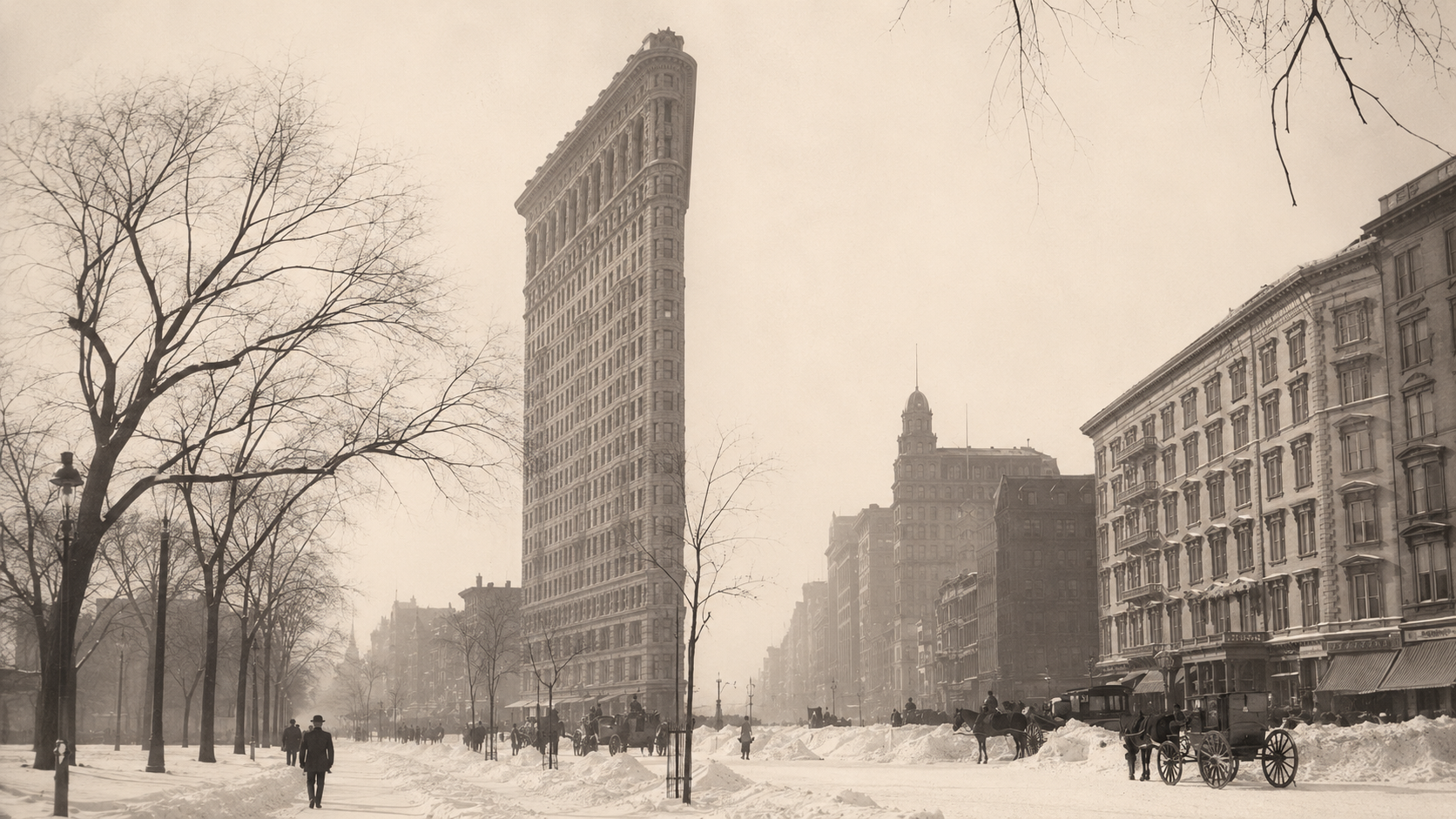 An early twentieth-century photograph of the Flatiron Building rising above street traffic in New York.