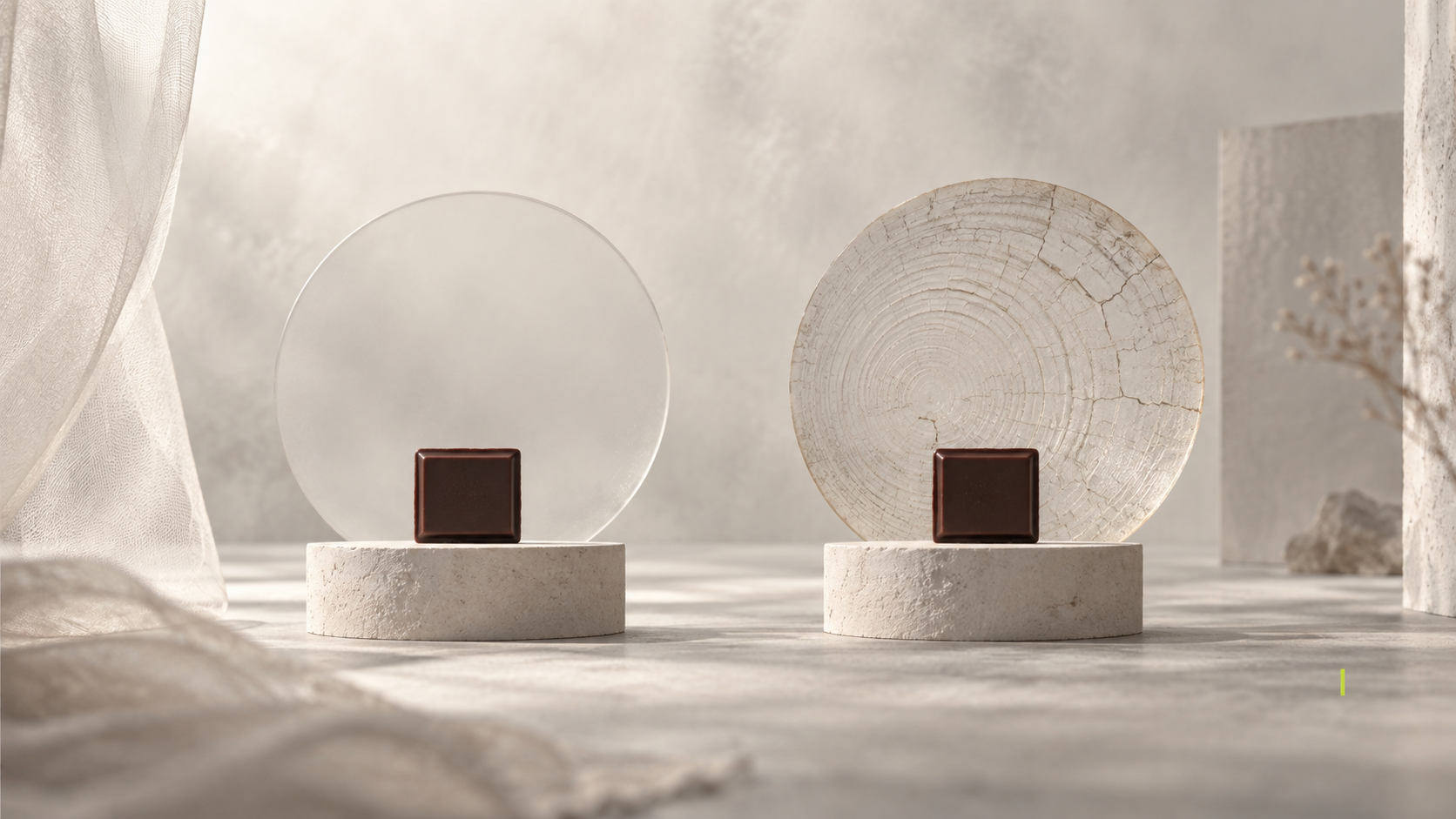 Two identical chocolate squares on pale plaster plinths, one backed by a smooth disc and the other by a tree-ring relief.