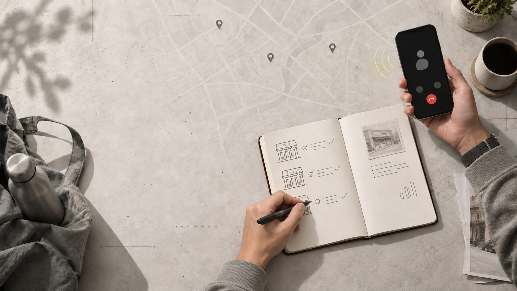 Overhead editorial scene of a person calling local businesses while recording observations in a notebook over a faint street map.