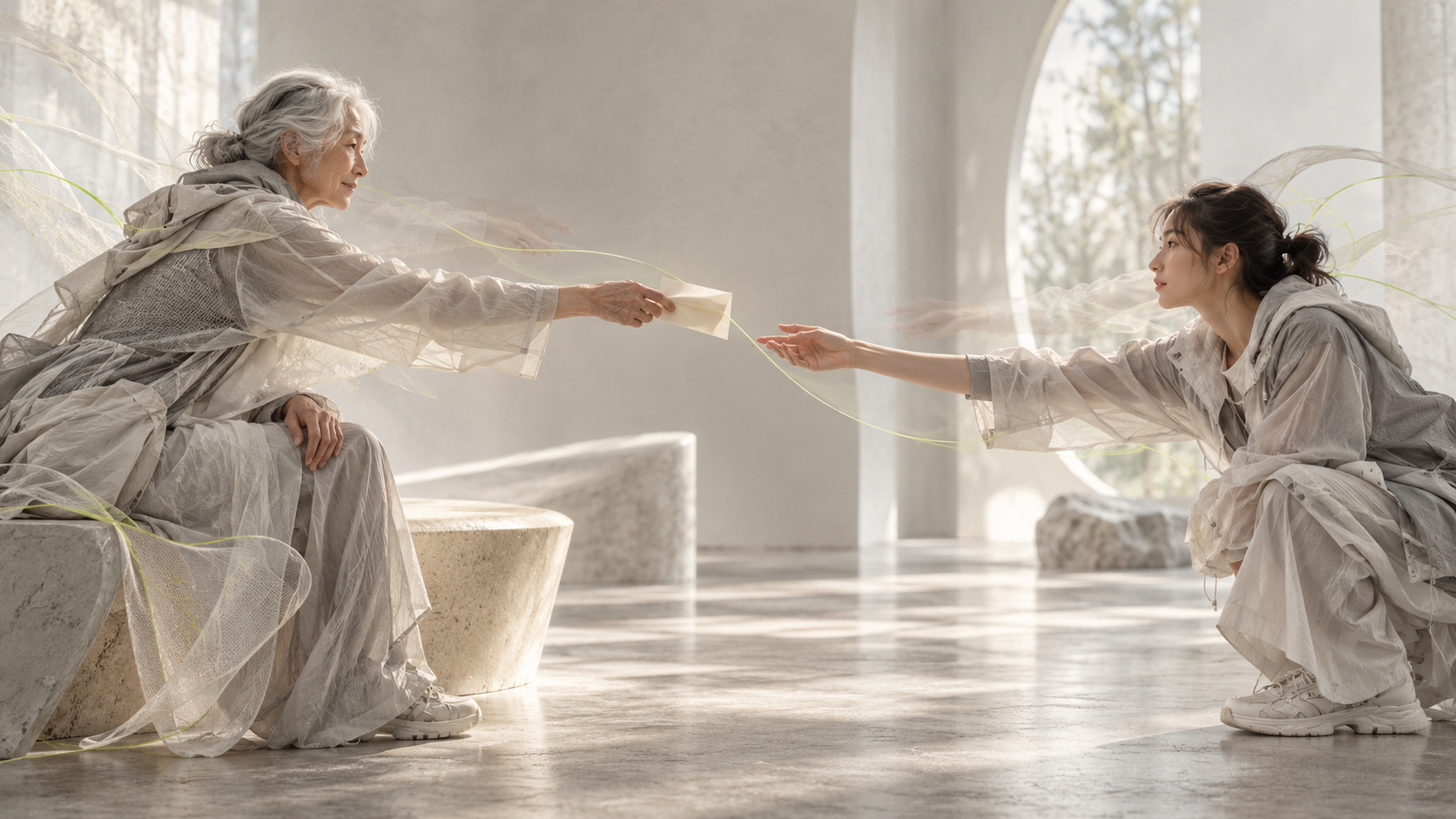 An older woman passes folded ivory paper toward a younger woman in a pale gallery, with faint lime threads and blurred hand traces.