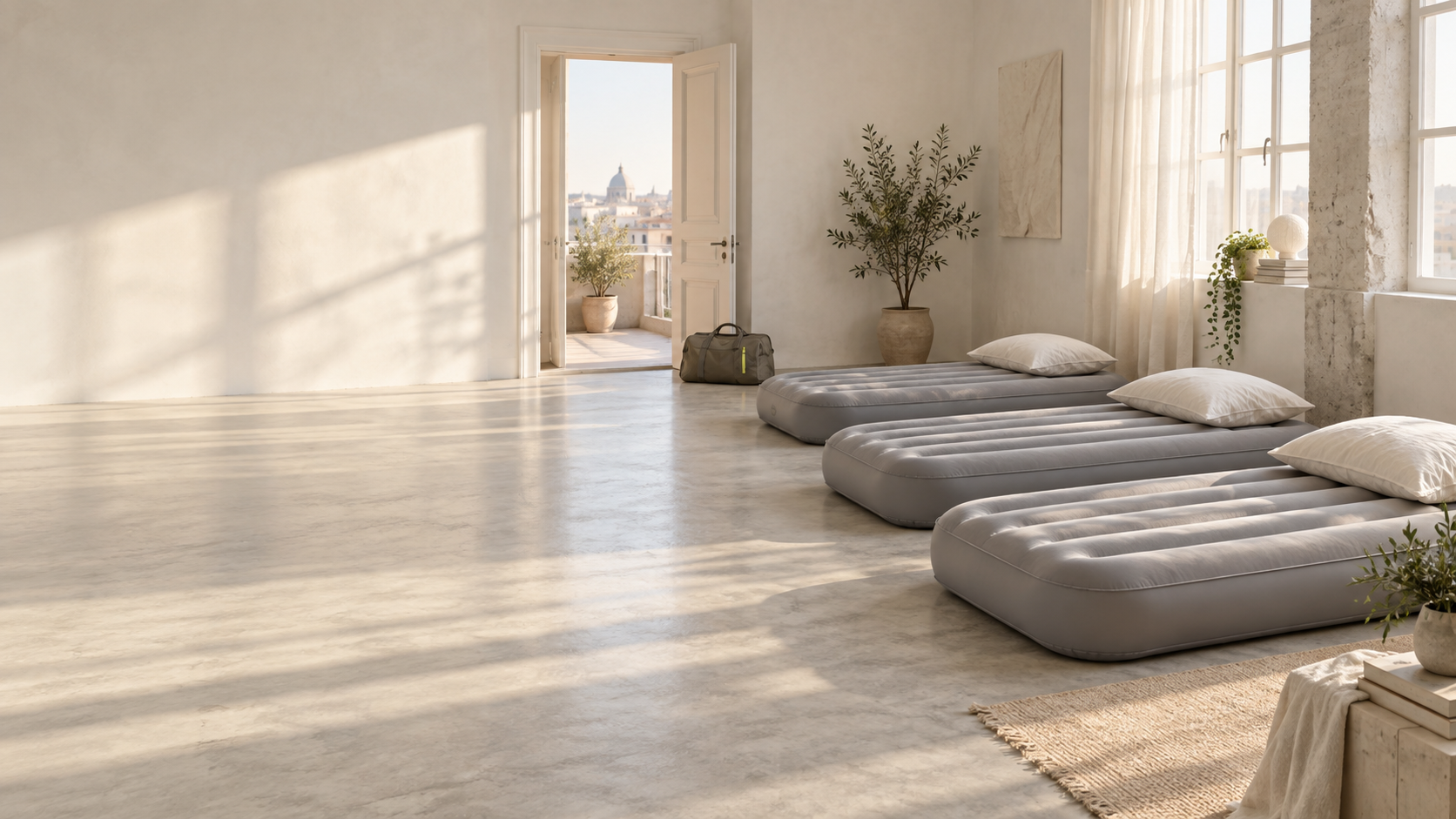 Three grey inflatable airbeds with white pillows in a sunlit, pale apartment, with a small travel bag beside an open doorway.