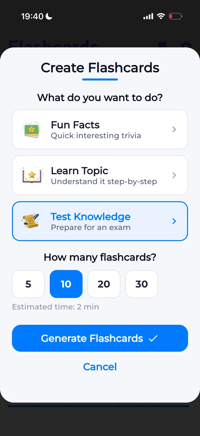Grasply screen for choosing Test Knowledge and generating up to 30 flashcards