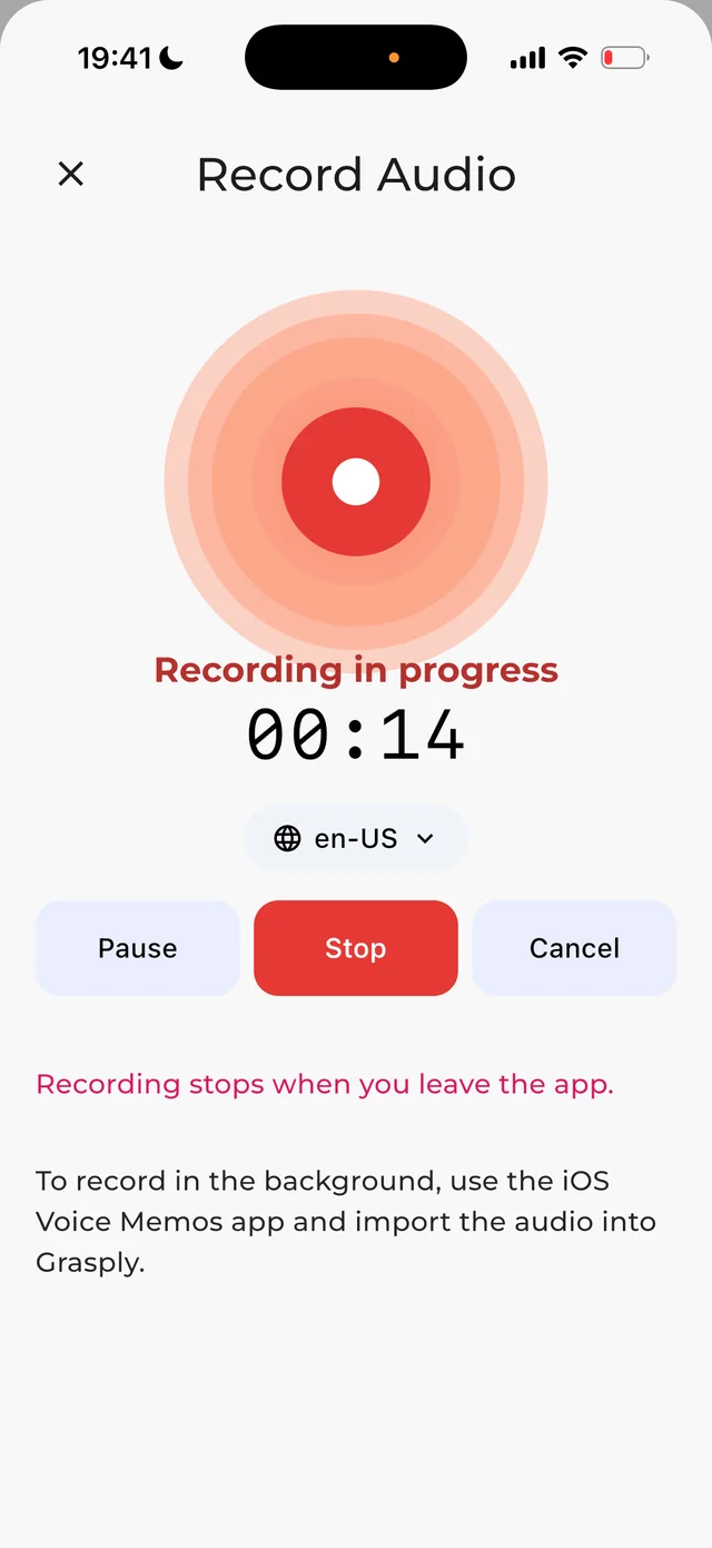 Grasply Record Audio screen during a lecture recording
