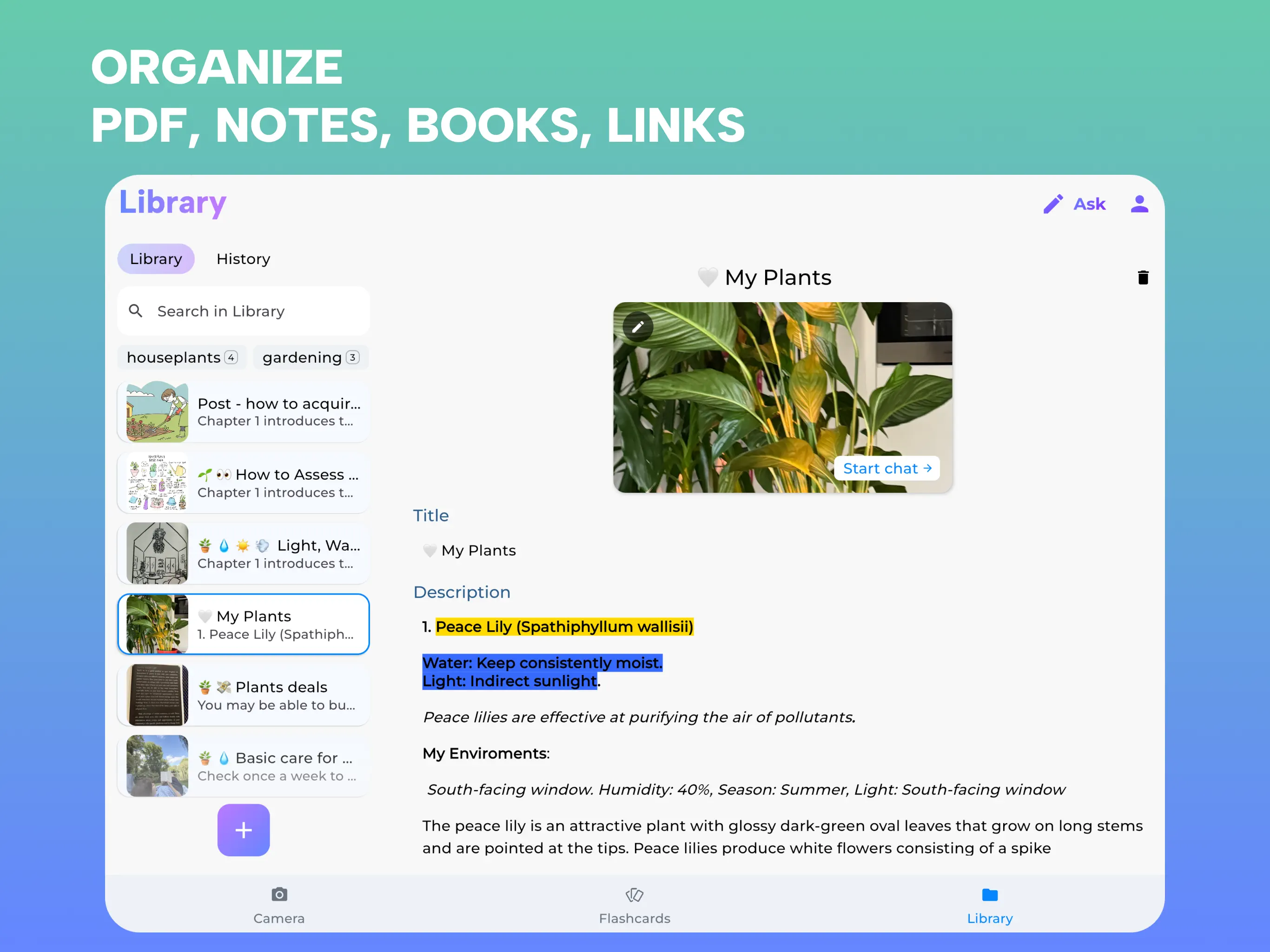 A saved plant-care note with highlights in the iPad Library