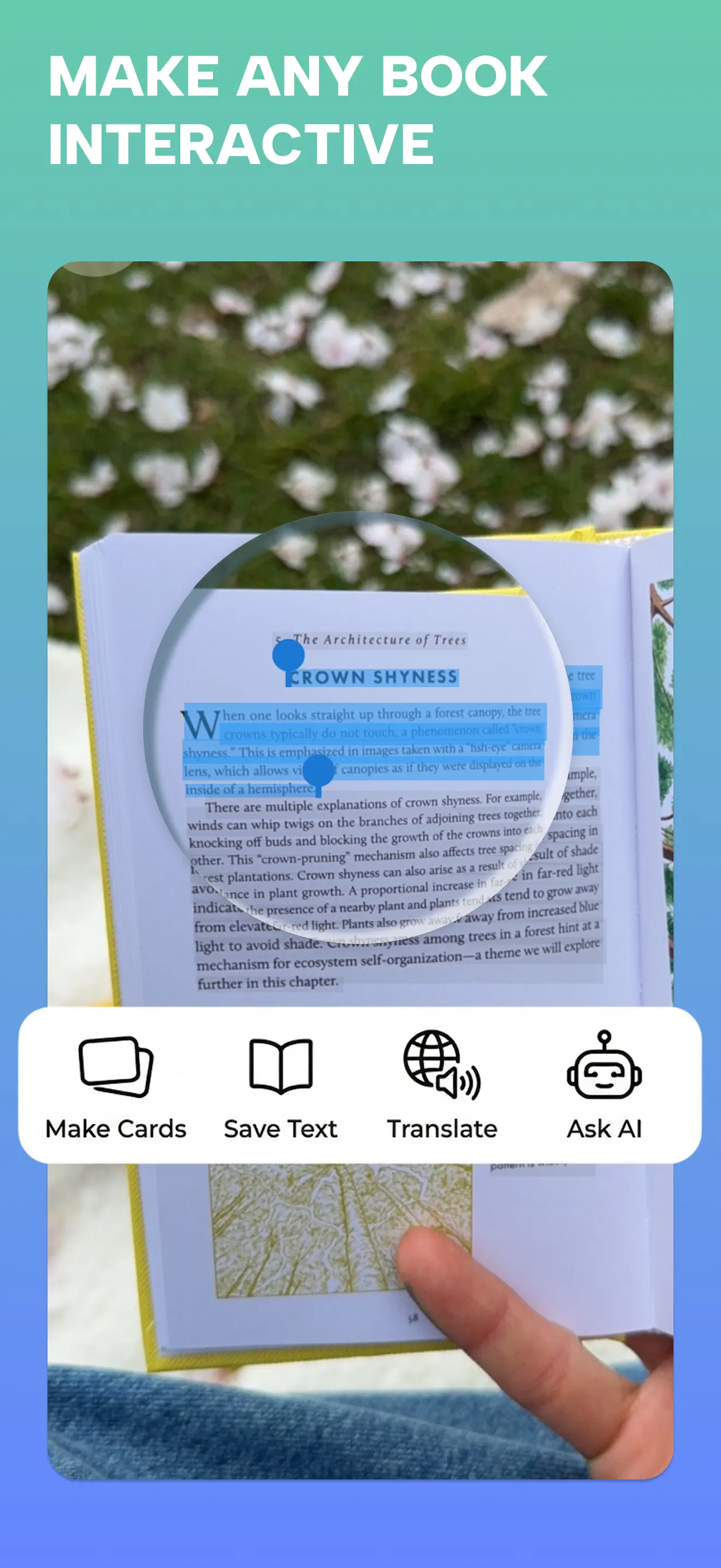 Grasply scanning a book with options to make cards, save text, translate and ask AI