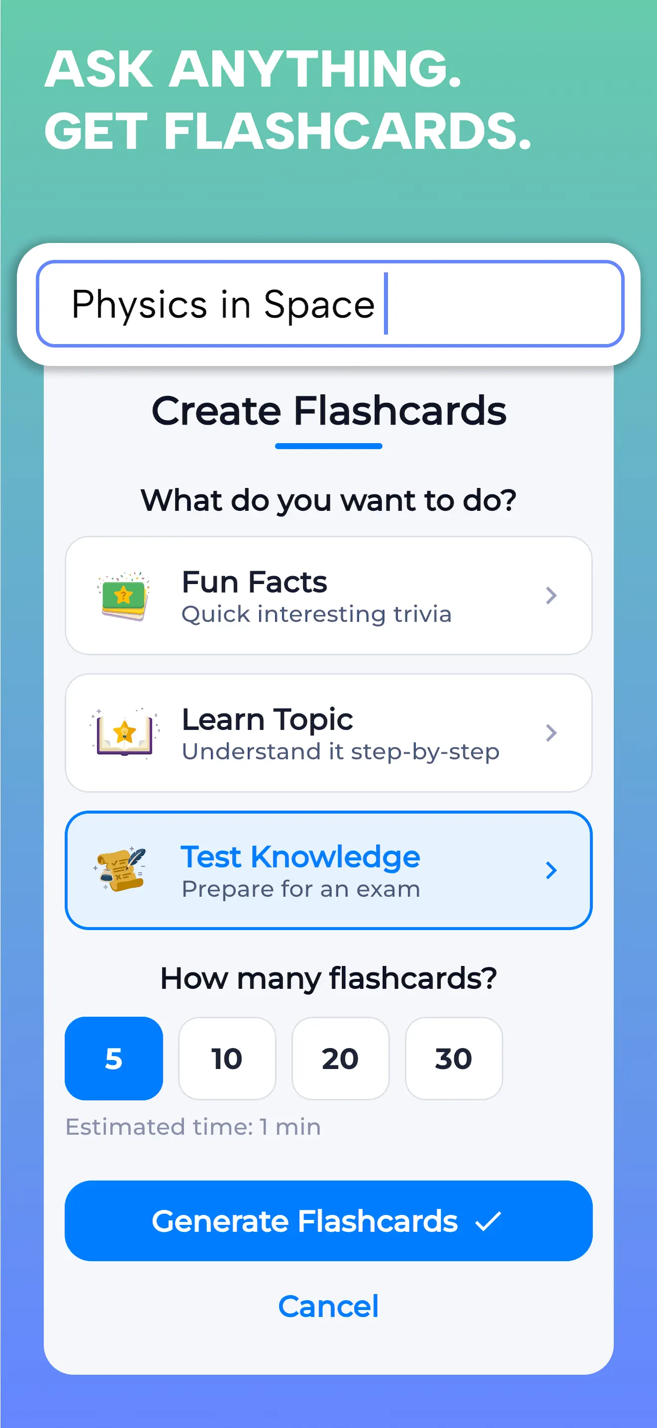 Creating flashcards from a topic with Learn, Test and Fun Facts modes