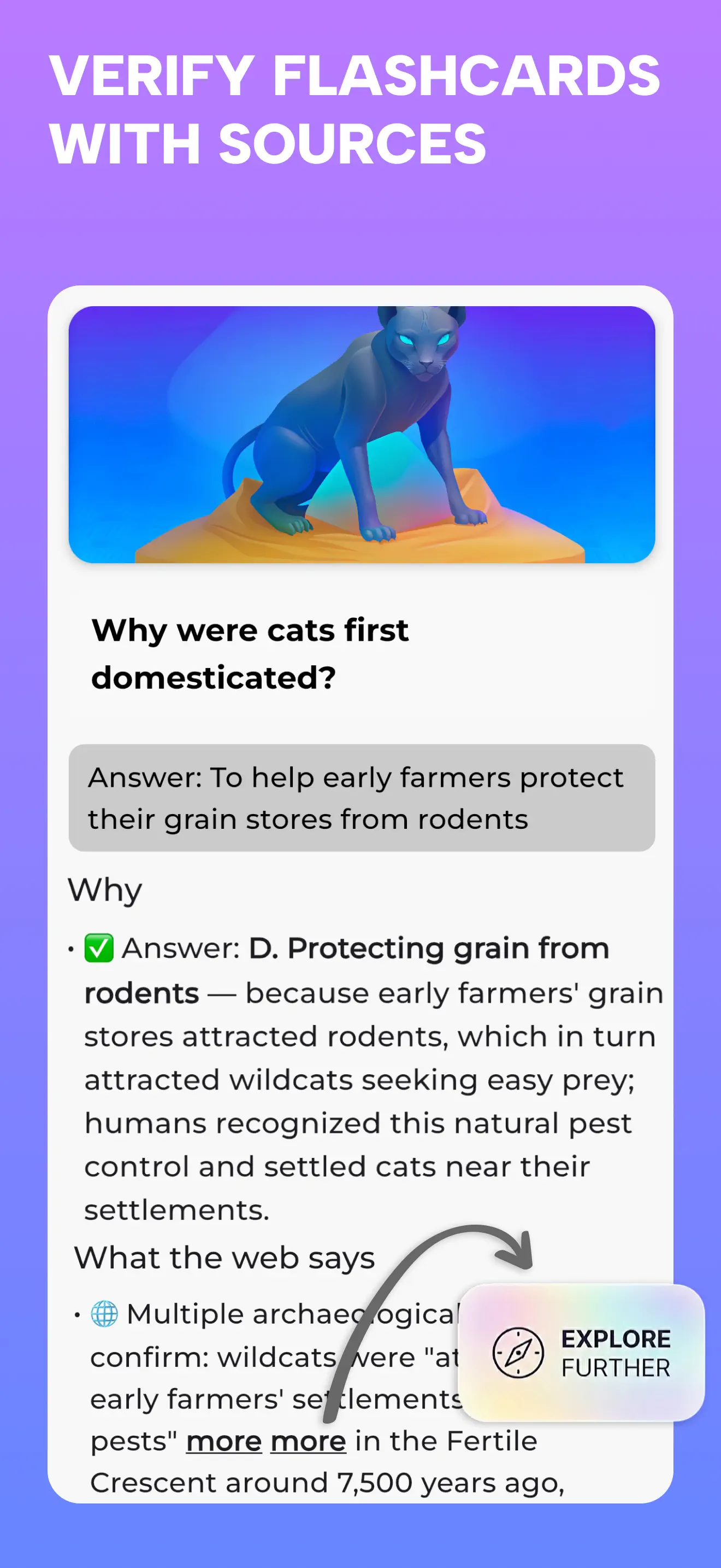 A flashcard explanation with sources and connected topics to explore