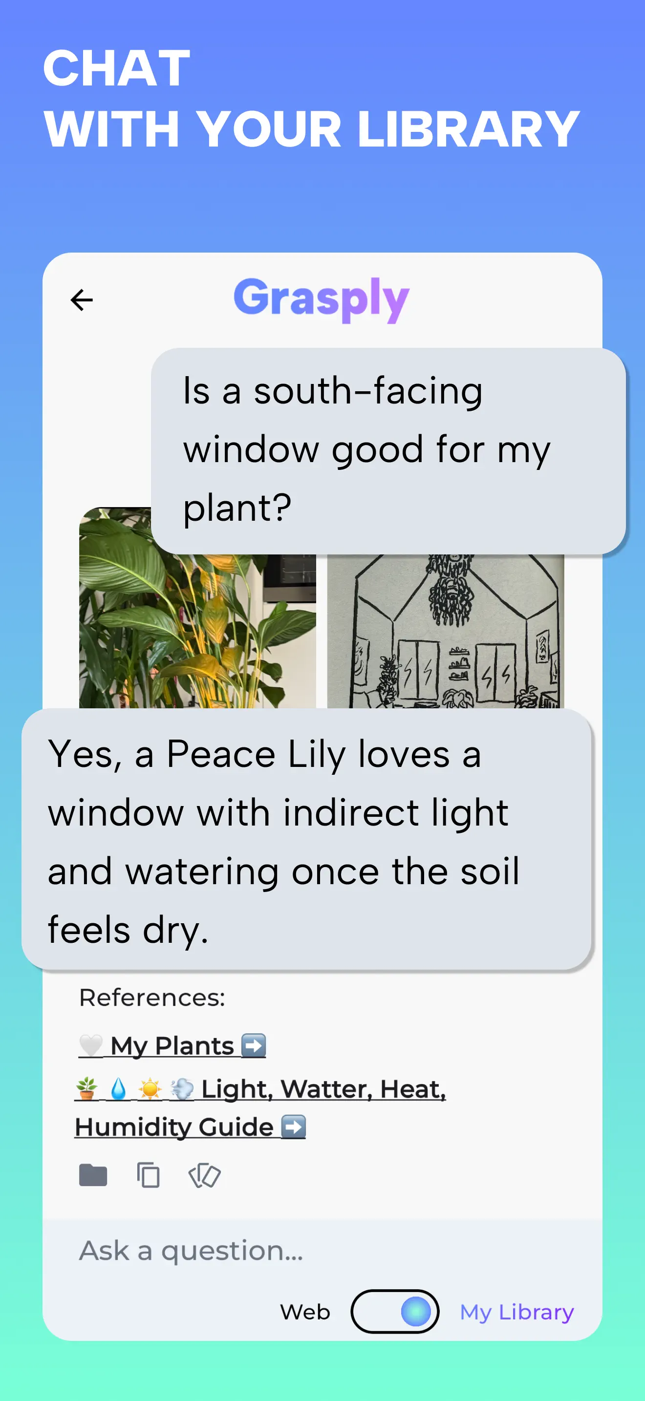 Chatting with saved library materials about caring for a Peace Lily