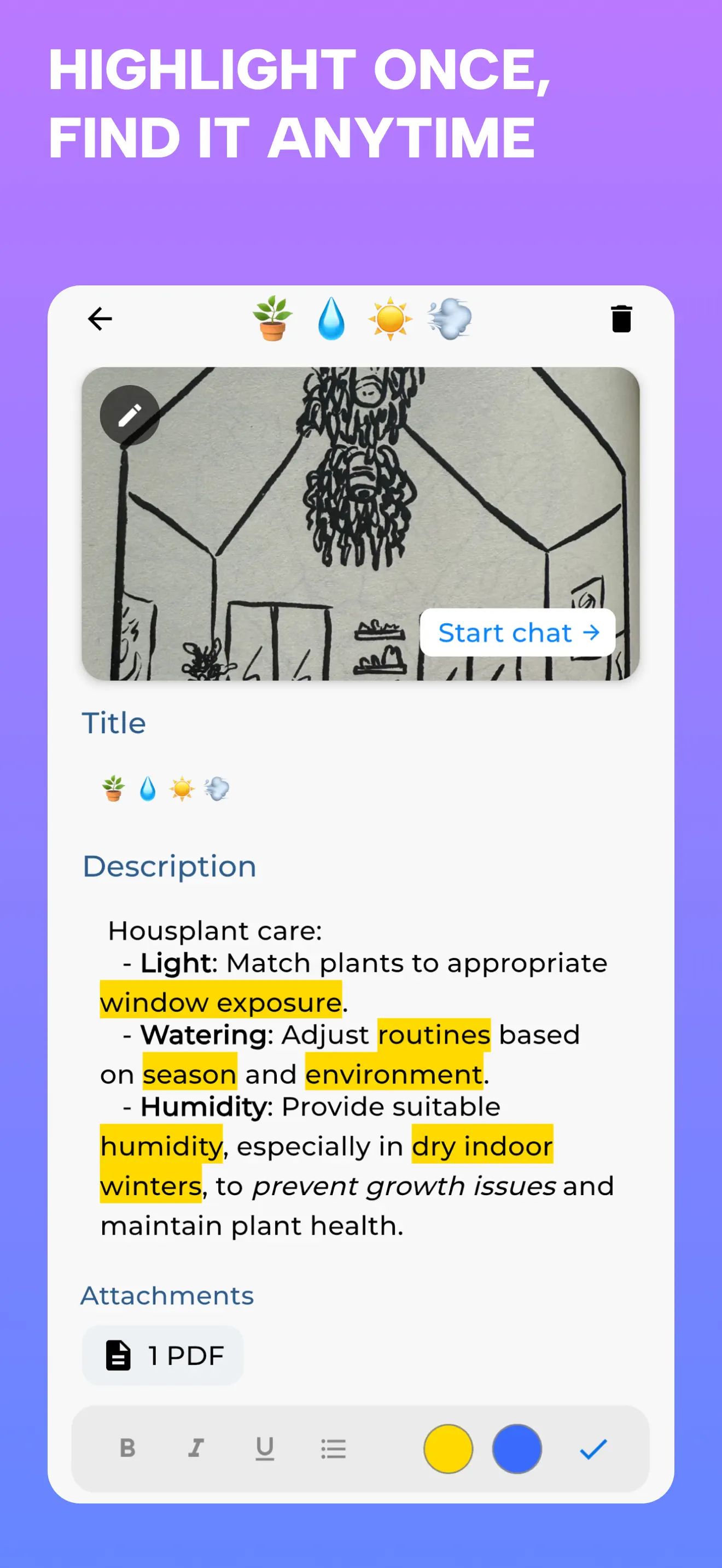 A saved plant-care note with highlights and an attached PDF